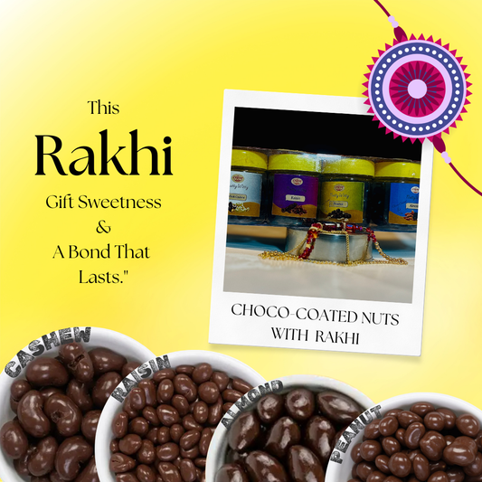 The Rakhi Delight Combo: Chocolate Coated Nuts with Bracelet Rakhi