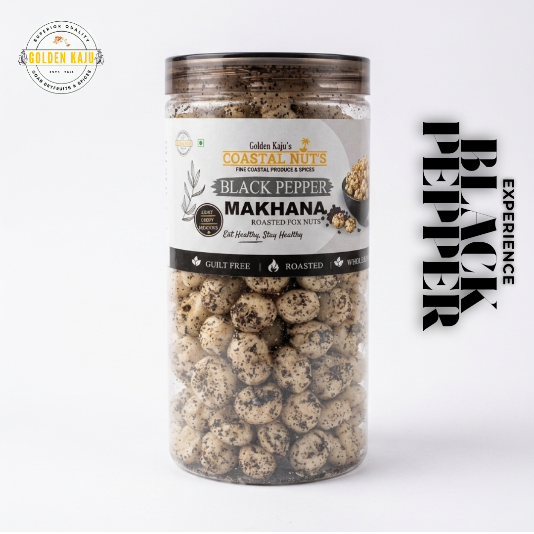 Black Pepper Roasted Makhana (Fox Nuts) : Golden Kaju's Coastal Nuts Crispy Fox Nuts Snack