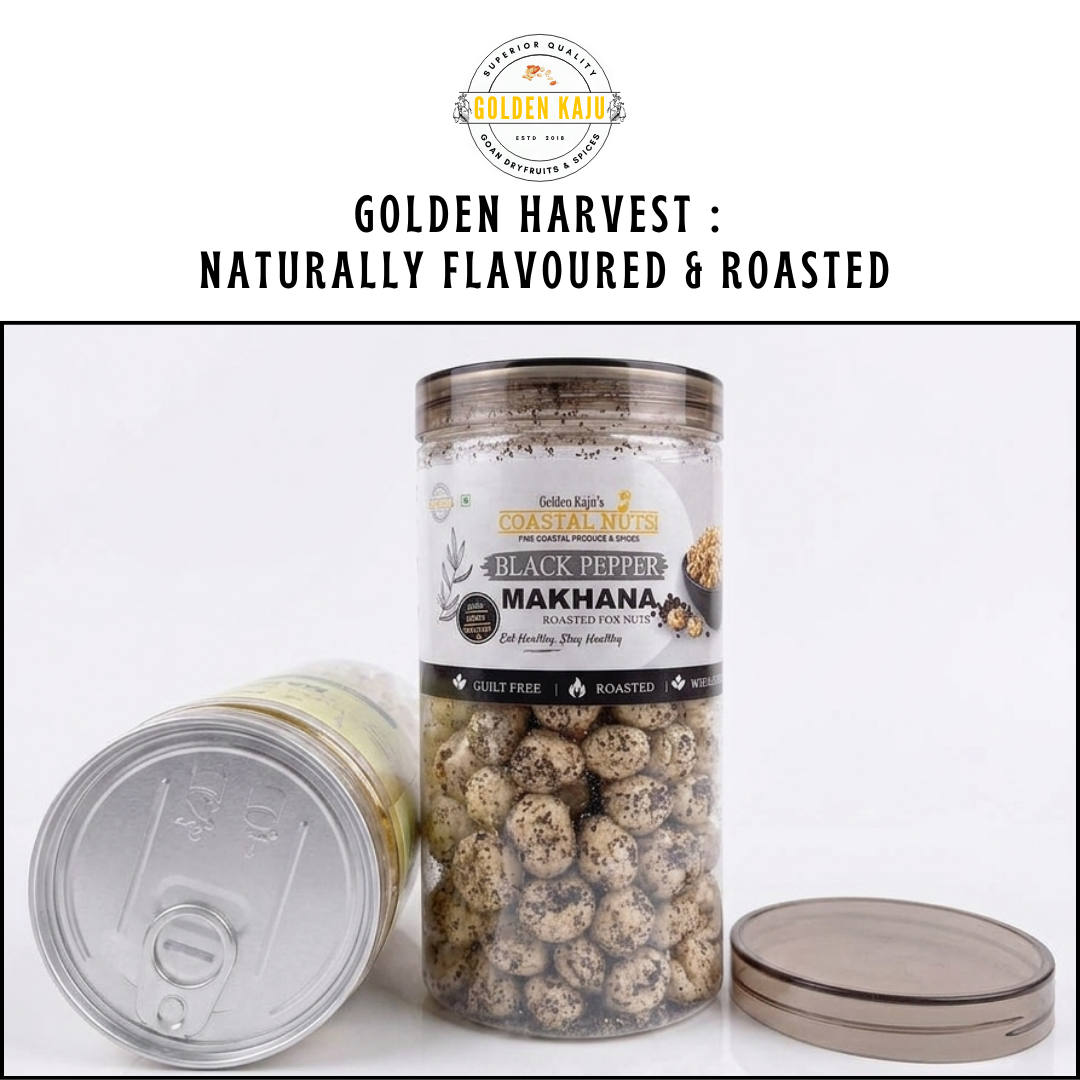 Black Pepper Roasted Makhana (Fox Nuts) : Golden Kaju's Coastal Nuts Crispy Fox Nuts Snack