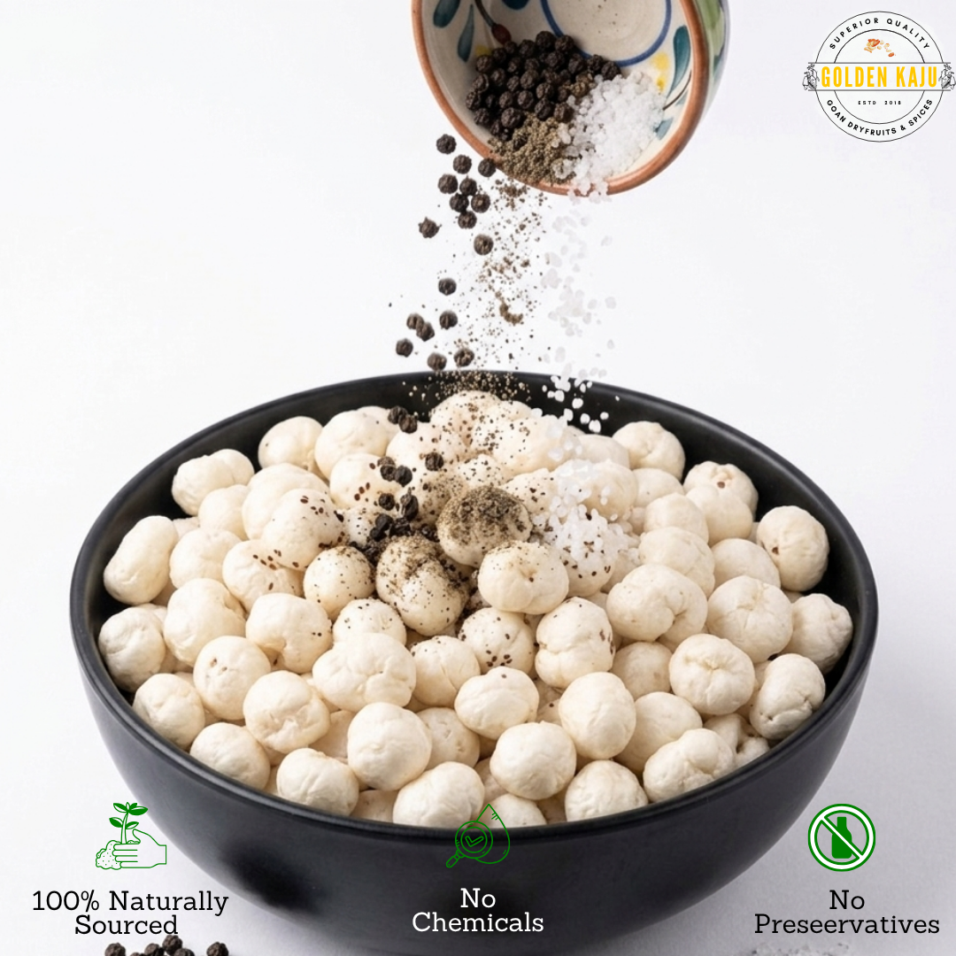 Black Pepper Roasted Makhana (Fox Nuts) : Golden Kaju's Coastal Nuts Crispy Fox Nuts Snack