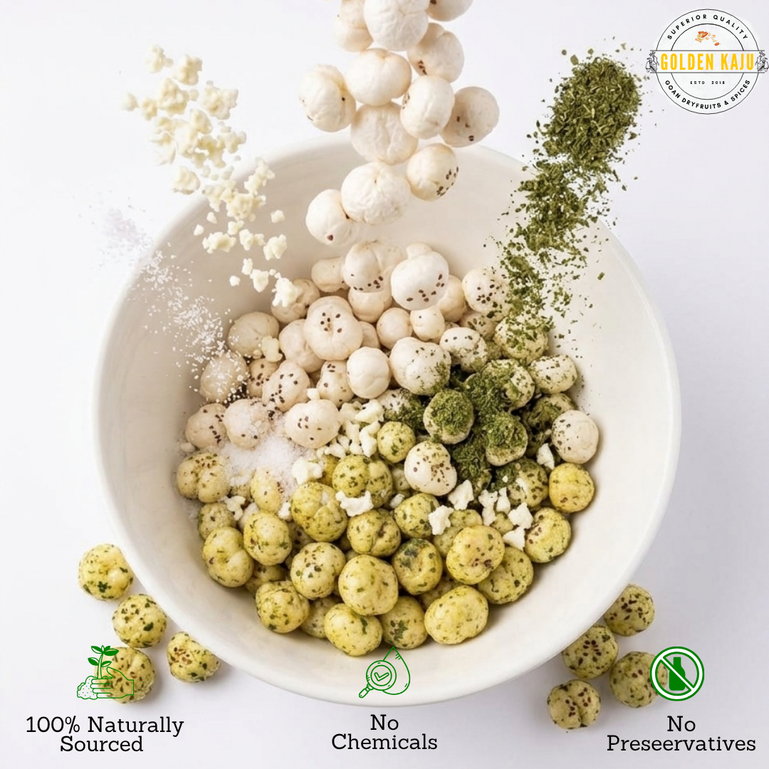 Pudina Roasted Makhana | Refreshing Mint Fox Nuts Snack : Golden Kaju's Coastal Nuts