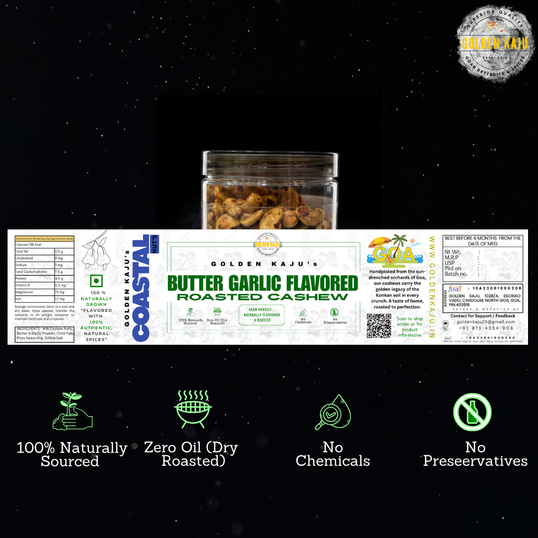 Butter Garlic Flavored Roasted Cashews - Premium Goan Coastal Nuts