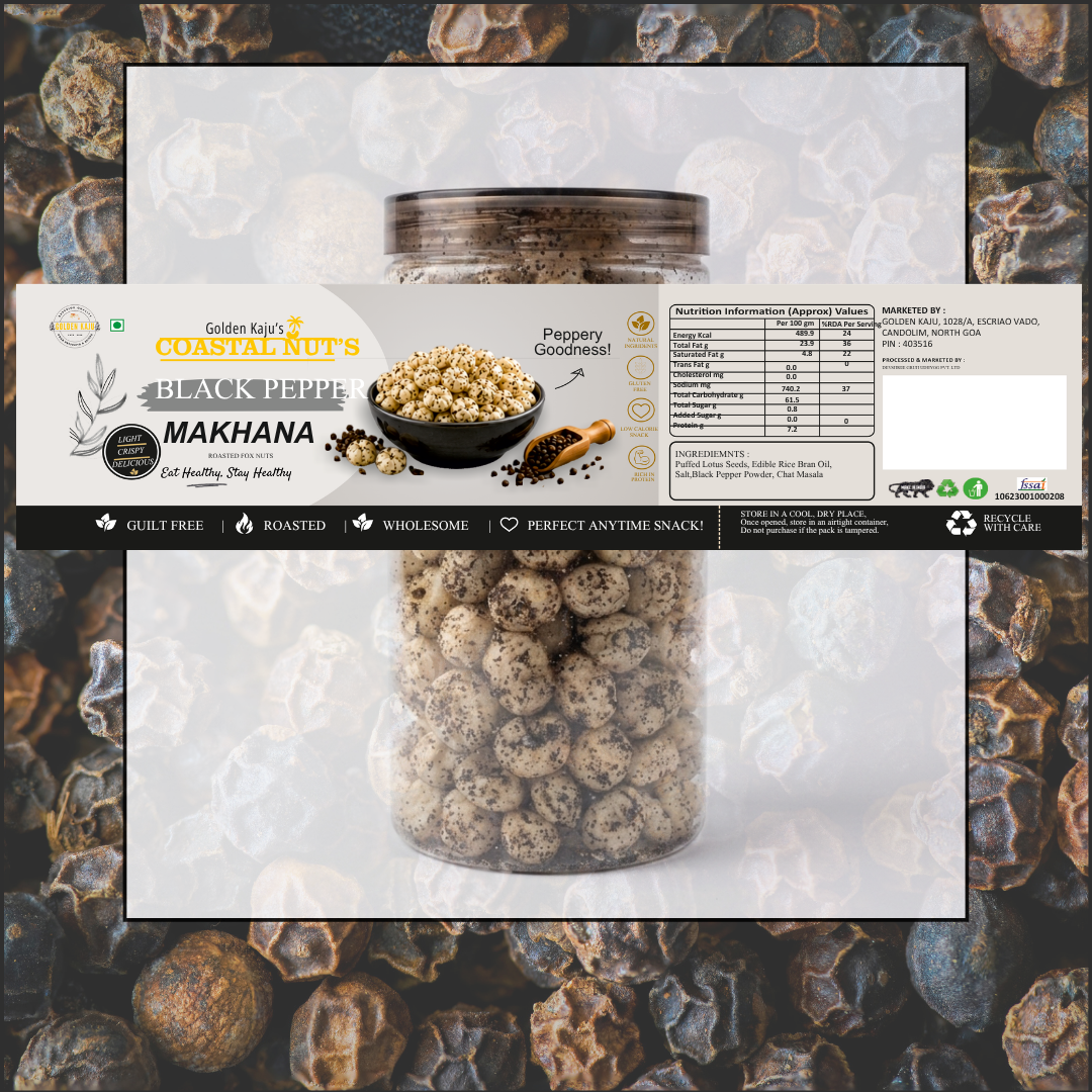 Black Pepper Roasted Makhana (Fox Nuts) : Golden Kaju's Coastal Nuts Crispy Fox Nuts Snack